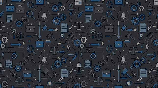 Legal process symbols and contract tracking metaphors forming a continuous seamless pattern for professional law firm branding.