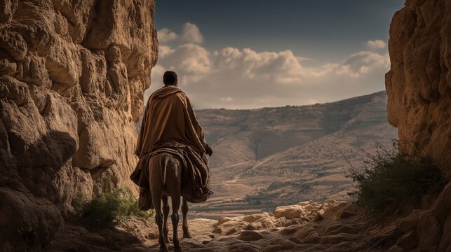 Balaam stands beside his donkey on a narrow path between rocky cliffs, pausing on a journey that would reveal God&rsquo;s authority, guidance, and the importance of obedience to His will.
