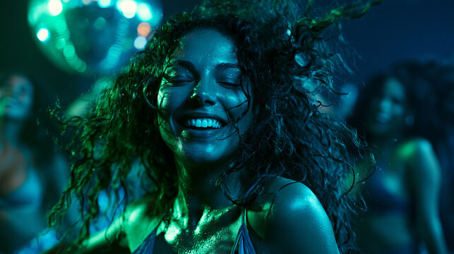 Retrato din&aacute;mico de una hermosa mujer latina bailando feliz en un club nocturno con luces de ne&oacute;n verde y azul y bola de discoteca