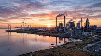 Fototapeta premium Industrial power plant skyline at sunrise featuring factory smokestacks and wind turbines for green energy. This urban industry