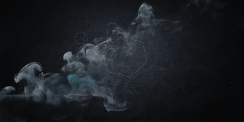 Naklejka premium Scary Halloween Ghost and Skeleton in Dark Fog with Swirling Smoke, Blue Energy Light and Mist, Mystery Night Background with Fire, Steam and Flowing Motion Waves Texture