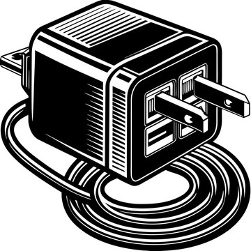 Power adapter features a dual-prong plug and integrated coiled cable for convenient portable energy management in everyday electronic setups.