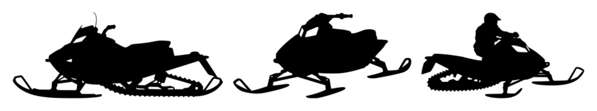 Snowmobile set with black silhouette on white background featuring snowmobile, winter sports, off‑road with motion and speed