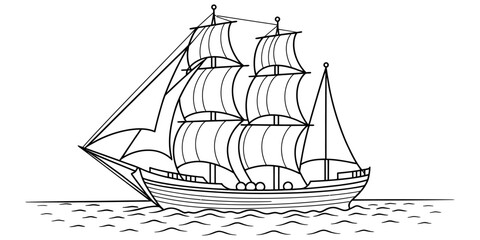 A simple black and white line art drawing of a classic tall sailing ship with sails raised on the open sea for maritime travel and adventure concepts Vector, illustration © Normal Line Drawing