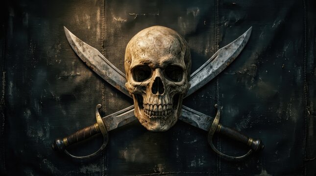 Pirate skull with crossed silver swords emblem on a dark textured background, classic maritime jolly roger symbol for adventure