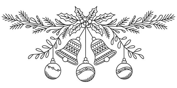 Hand drawn christmas garland with bells and baubles isolated illustration Vector, illustration