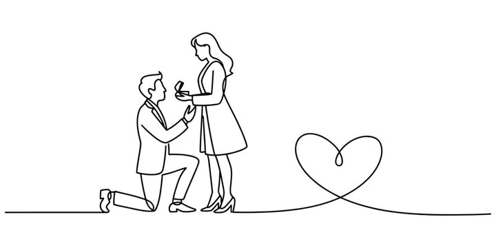 Continuous one line drawing of a man proposing to a woman with a ring and a heart symbol Vector, illustration