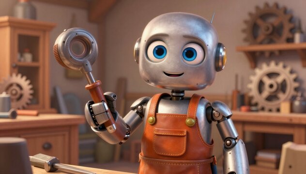 Friendly robot learning new craft in workshop