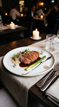 Assiette de magret de canard avec asperge et sauce dans un restaurant