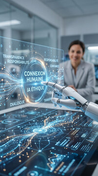 Main de robot interagissant avec un &eacute;cran tactile transparent sur l'&eacute;thique de l'IA