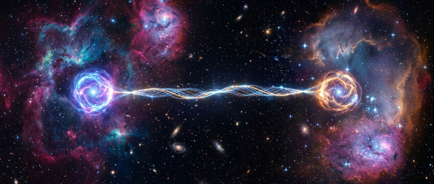 Repr&eacute;sentation conceptuelle d'une connexion d'&eacute;nergie ou d'un trou de ver entre deux galaxies