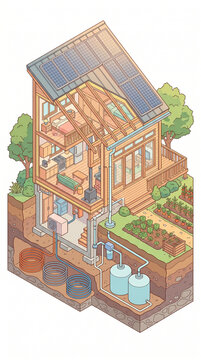 Sch&eacute;ma architectural en coupe d'une maison autonome et &eacute;cologique avec jardin