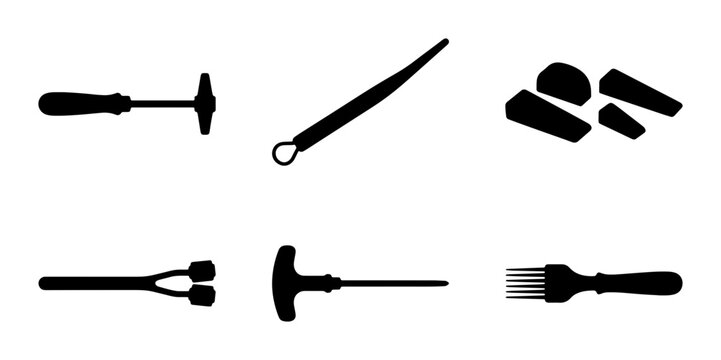 Black Silhouette Tools Collection: Hammer, Awl, Chisels, Fork, Brush