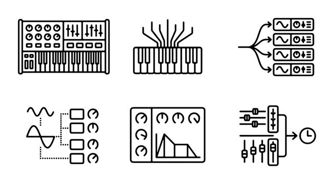 Synthesizer Icons Set, Music Production Equipment Vector Graphics, Electronic Sound Gear