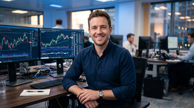 Portrait d'un jeune trader souriant devant des &eacute;crans de graphiques boursiers financiers