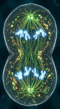 Repr&eacute;sentation microscopique en trois dimensions de la mitose d'une cellule biologique