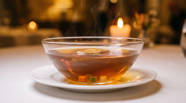 Soupe de consomm&eacute; clair et l&eacute;gumes en d&eacute;s servie dans un bol en verre transparent