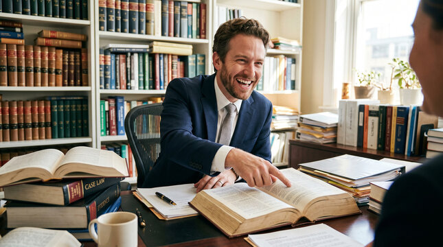 Avocat souriant travaillant dans son bureau de droit avec de grands livres juridiques