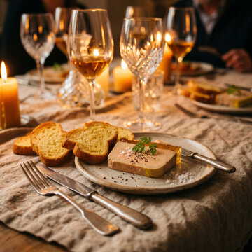 Repas festif aux chandelles avec toasts de foie gras et verres de vin blanc