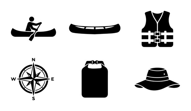 Canoeing Gear Icons: Paddler, Canoe, Life Vest, Compass, Dry Bag, Hat, Outdoor Adventure Vector Set