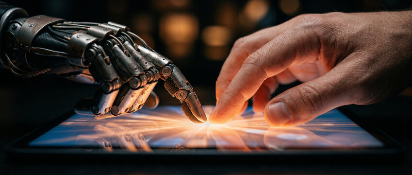 Main de robot et main humaine interagissant sur l'&eacute;cran d'une tablette tactile