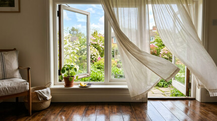 Fototapeta premium Open window with blowing curtain overlooking garden. Sunny room interior with houseplant and chair. Peaceful morning atmosphere in home, spring season freshness and relaxing view.
