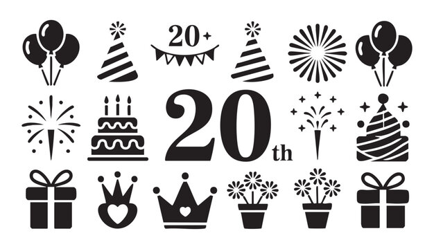 Anniversary celebration icons set with twenty number cake gift box balloons and festive party hats.