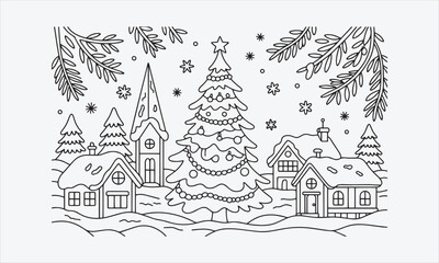 Naklejka premium Christmas tree and decorations coloring page line art icon set vector illustration