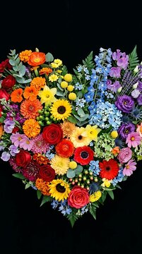 Vibrant heart shape arrangement of colorful flowers on black floral