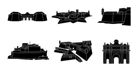 Obraz premium Fortifications Vector Icons, Historic Castle Silhouettes, Military Architecture Collection