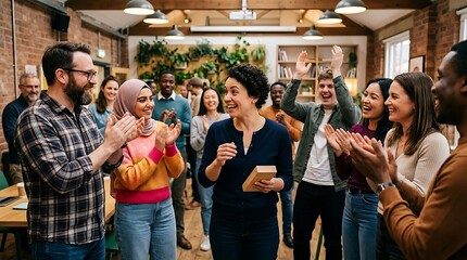 Fototapeta premium Happy multiethnic colleagues celebrating success in creative office