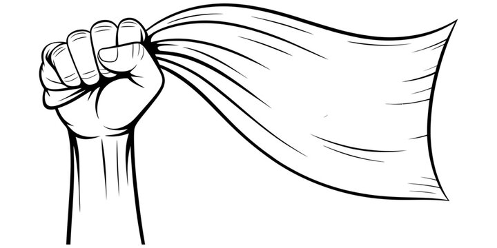 A clenched fist holding a waving blank flag in a black and white line art illustration Vector, illustration