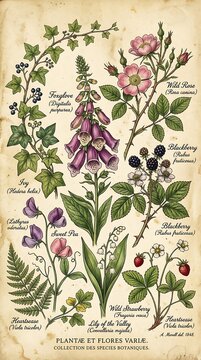 Vintage botanical of various wild flowers and berries plants