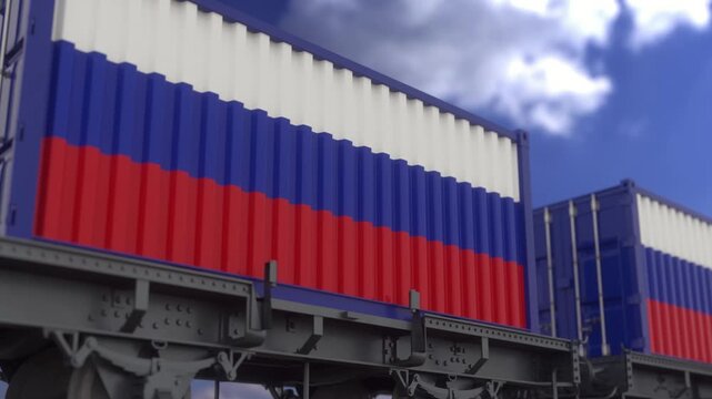 Russian flag shipping container on railway train motion video footage