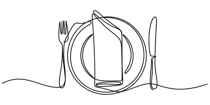 Continuous one line drawing of a plate with a fork and knife and a folded napkin for restaurant dining table setting concept isolated on white background Vector, illustration