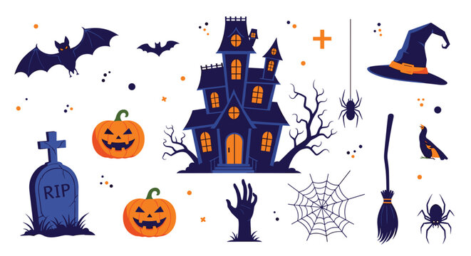 Spooky Halloween themed set includes a haunted house, pumpkins, bats, a witch hat, spiders, and a grave stone for celebration.
