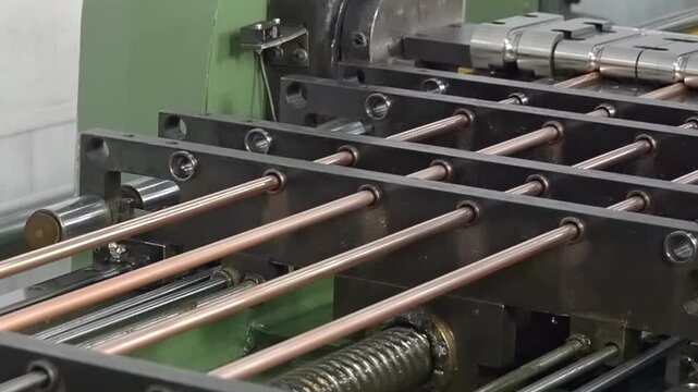Watch as an industrial machine gracefully transforms copper into precise tube parts essential for air conditioning systems. Each movement captures the intricacy of manufacturing.