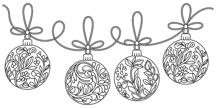 Four decorative christmas bauble ornaments hanging on a string with floral patterns for holiday season decoration isolated on a white background Vector, illustration