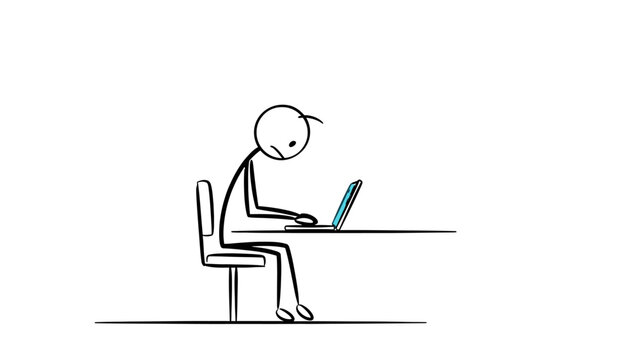 Simple stick figure drawing of a person sitting at a desk working on a laptop computer with poor posture.