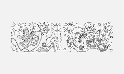 Line art illustration of Mardi Gras celebration elements including a mask shoe star vector illustration © lokshmon