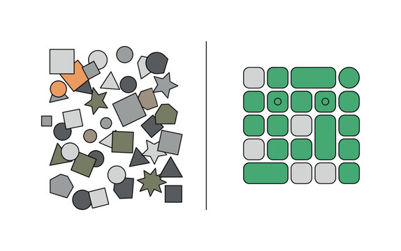 Split scene showing left side inconsistent branding with scattered shapes and mismatched elements, right side strong identity with