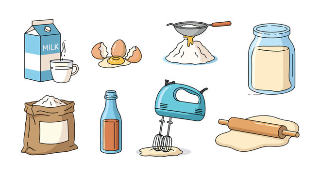 Comprehensive set of baking essentials including flour, eggs, milk, a hand mixer, and dough with a rolling pin for cooking.