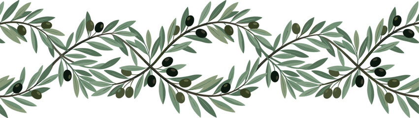 Seamless olive branch vector border pattern with green leaves and black olives for elegant wedding invitations mediterranean food packaging and classic greek frames © Mdjony