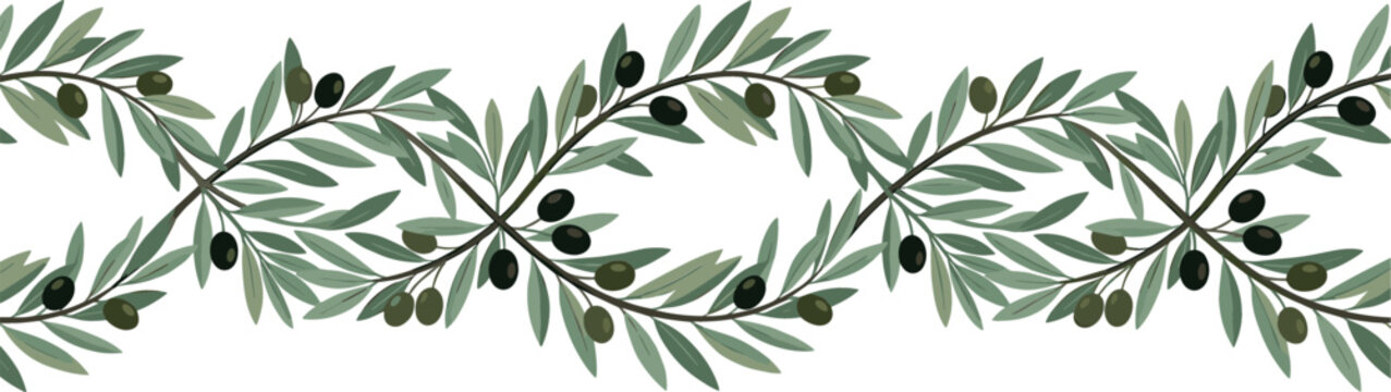 Seamless olive branch vector border pattern with green leaves and black olives for elegant wedding invitations mediterranean food packaging and classic greek frames
