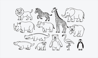 Obraz premium Outline cartoon isolated Savannah African American forest animals vector illustration