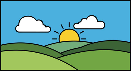 Fototapeta premium Simple landscape illustration featuring rising sun over rolling green hills and white clouds in blue sky.