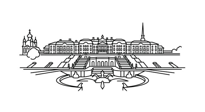 A simple black line drawing of a grand historic estate building