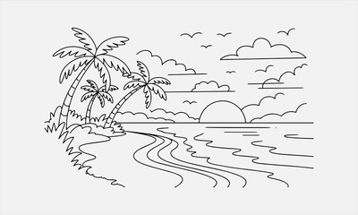 Summer sunset tropical beach line art icon set vector illustration © lokshmon