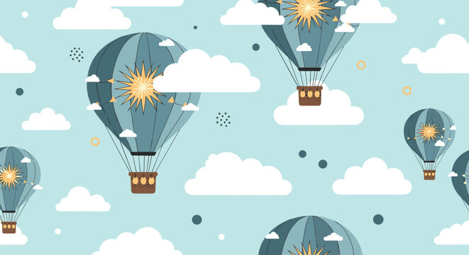 Dreamy seamless pattern with hot air balloons and white clouds in soft blue sky with sun symbols.