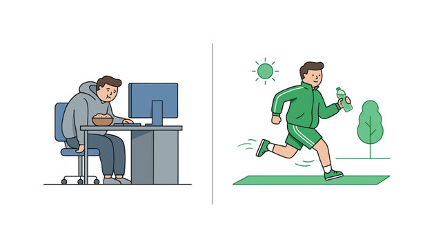 Split scene showing left side sedentary lifestyle with slouched character at desk and snack, right side active lifestyle with same